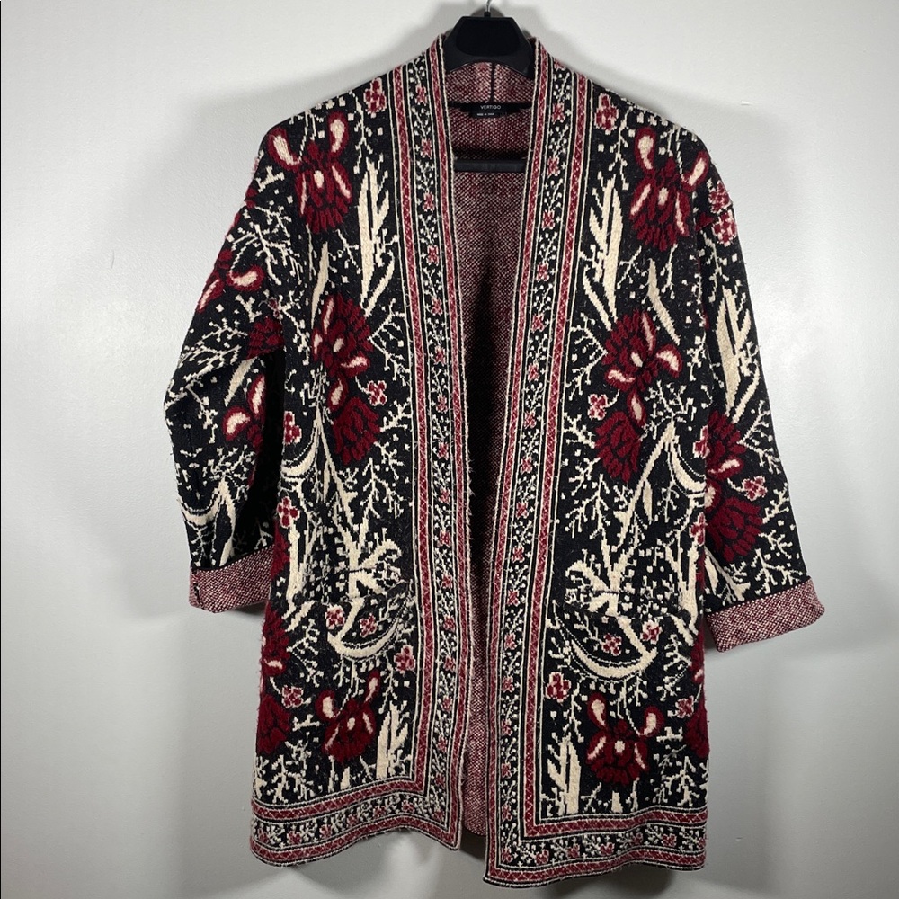 Vertigo Women's Floral Knit Cardigan - Black, Red, and Cream Boho Outwear
